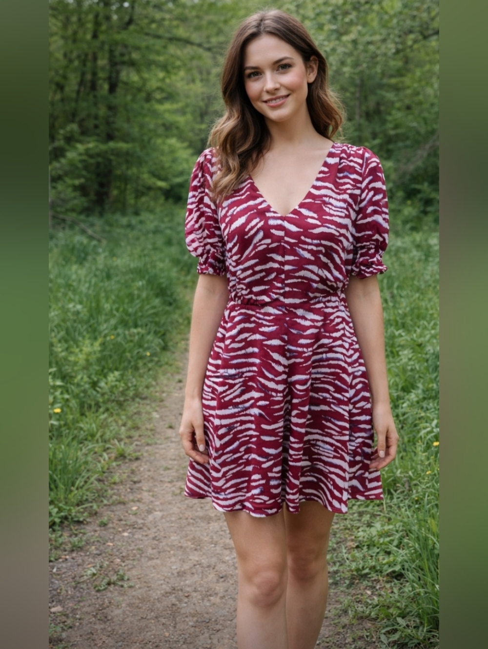 Vince Camuto Red White Zebra Print V-Neck Puff Sleeve Mini Dress NWOT Size 6